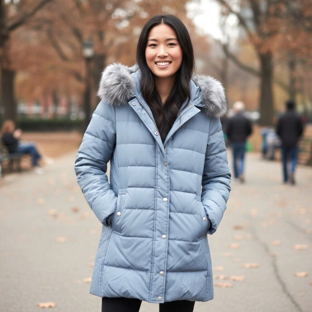 Kate Spade Coat Quilted Faux Fur Hood Down Puffer Blue Gray Size M Winter Jacket